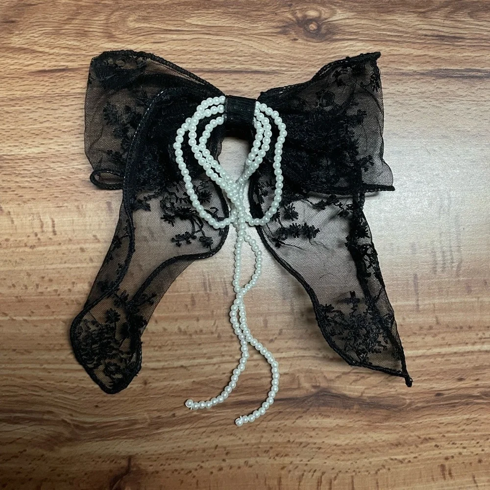 Black Lace & Pearl Bow French Barrette Hair Clip